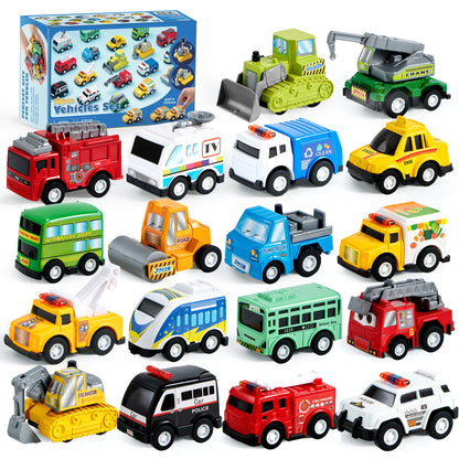 JOYIN 18 Piece Pull Back City Cars and Trucks Toy Vehicle Set, Model Car, Friction Powered Die-cast Cars for Toddlers, Boys, and Girls learning play