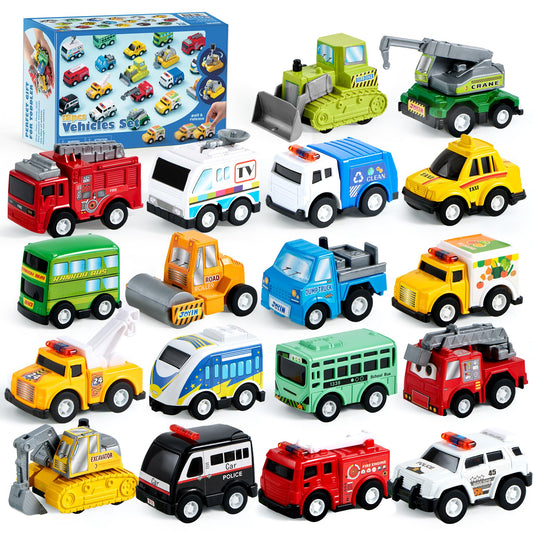 JOYIN 18 Piece Pull Back City Cars and Trucks Toy Vehicle Set, Model Car, Friction Powered Die-cast Cars for Toddlers, Boys, and Girls learning play