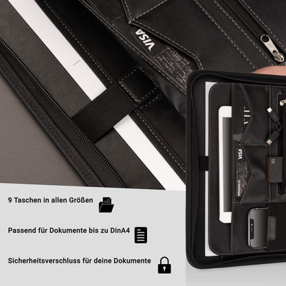 AZORIS PREMIUM® A4 premium folder with double zipper and 13-inch tablet compartment, professional faux leather conference folder for men and women.