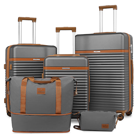 Joyway 5-piece luggage set made of ABS hard shell material. Expandable trolley set with 4 wheels and TSA lock. The luggage set includes 1 travel bag and 1 toiletry bag in grey.