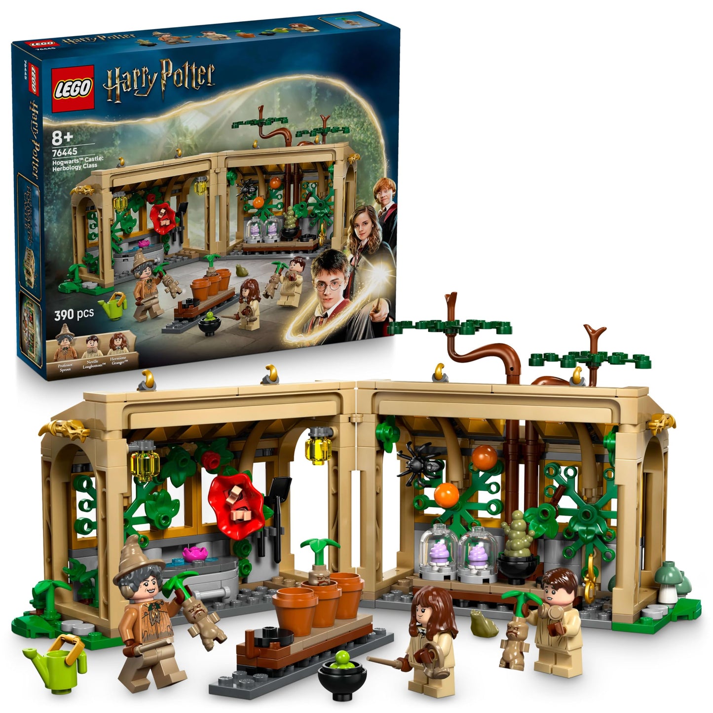 LEGO Harry Potter Hogwarts Castle Herbology Class - playset with Neville Longbottom, Hermione Granger, Professor Sprout, 3 Mandrakes, and greenhouse - gift for kids aged 8 and up - 76445