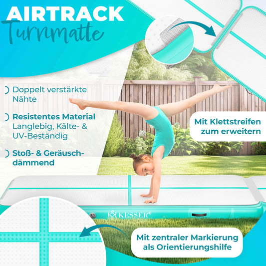 KESSER® Inflatable Airtrack Fitness Mat Gymnastics Mat | incl. carrying bag & electric air pump | Yoga Mat, Tumbling Mats, Training Mat (Mint Green, 400 x 100 x 10 cm)