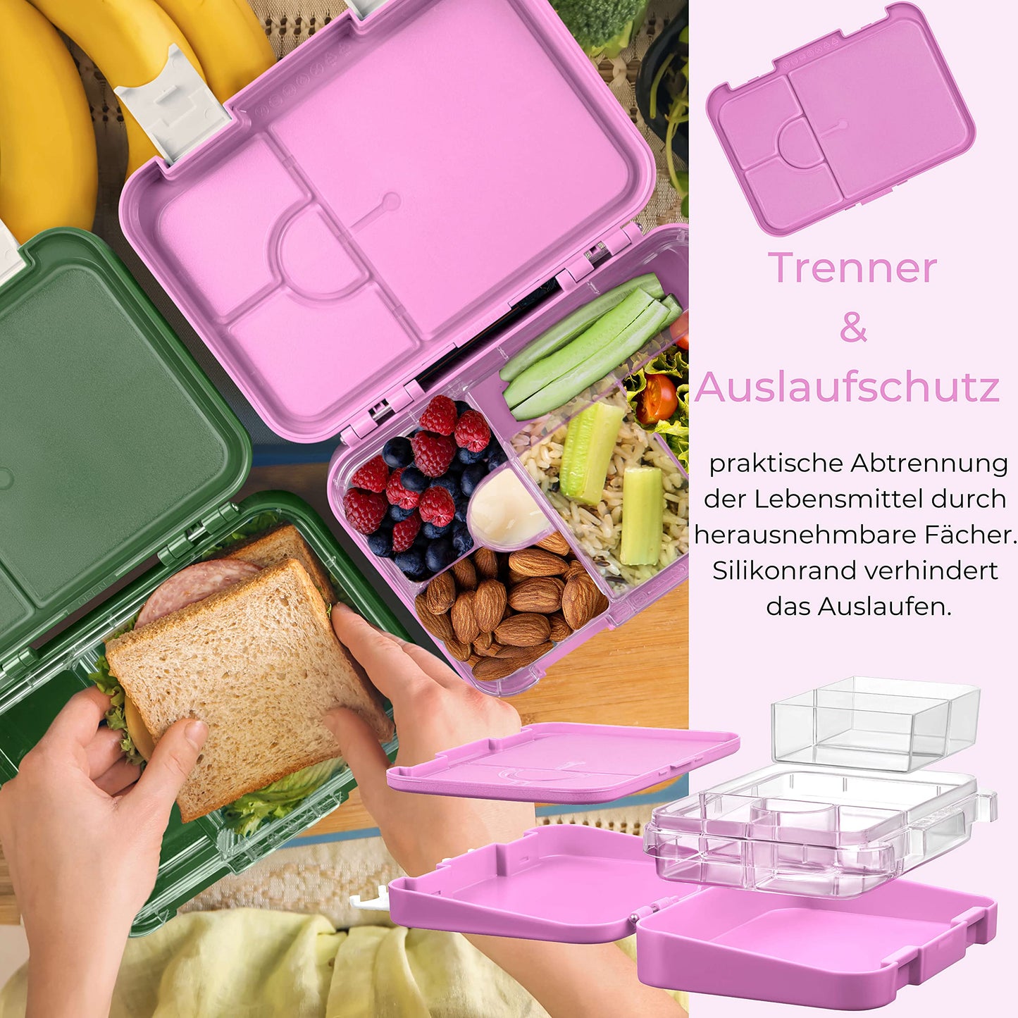 My Vesperbox - Len - Bento Box Kids - Lunchbox with 4+2 compartments - extremely sturdy - sandwich box - ideal for kindergarten and school... (Pink - Rainbow)