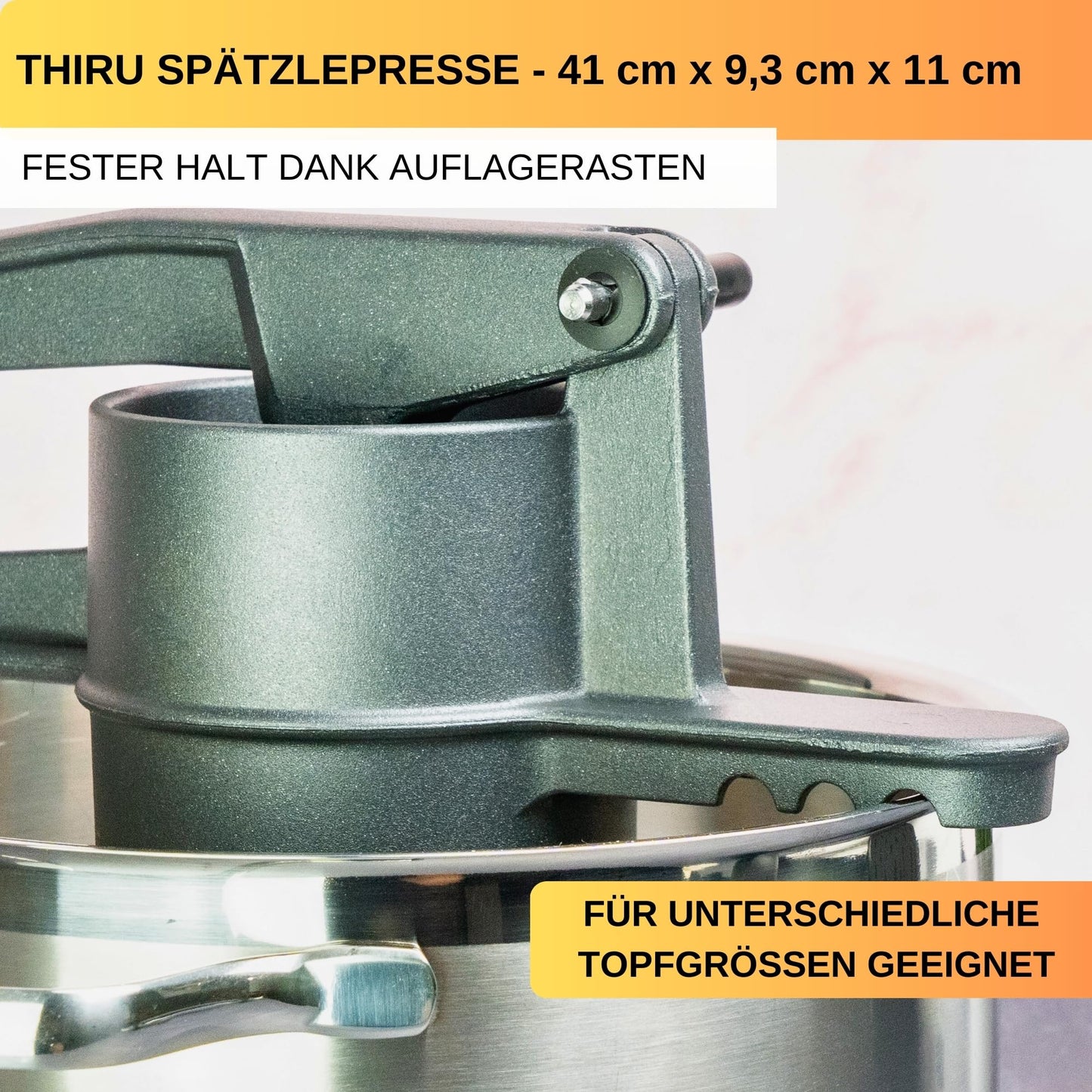Thiru spaetzle press hole diameter approx. 3mm - test winner 2024 - try risk-free for 60 days - round hole with foam scoop & support lugs - ideal for spaetzle, mashed potatoes, juices - made in Germany.