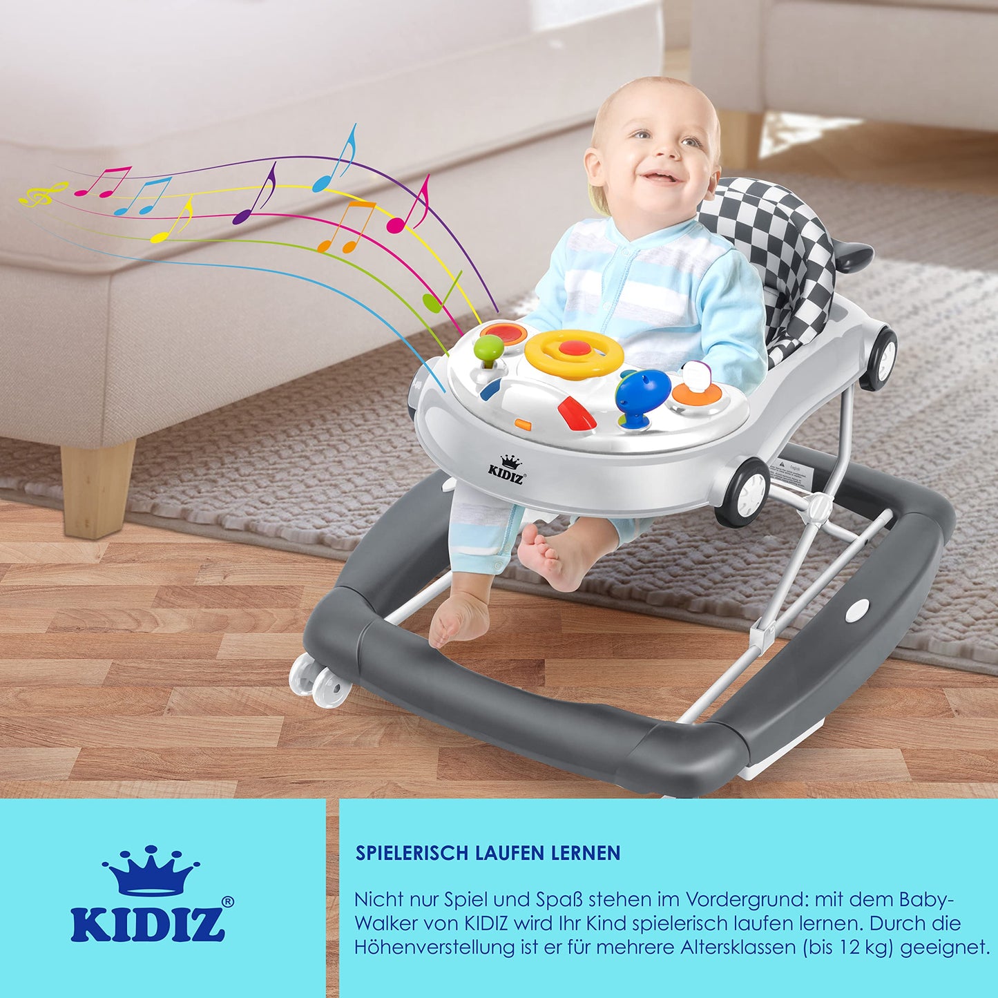 KIDIZ® 4in1 Baby walker activity center - rocker, walker, highchair, and play center with wheels, lights, music, and games. Suitable for babies from 6 months old. Foldable.