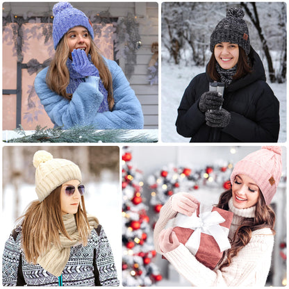 Comfortable charging women's winter warm beanie hat touchscreen gloves long scarf set with fleece lining, thermal winter hat pom pom beanies scarves winter gloves women's gift, apricot