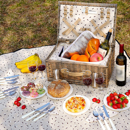 Picnic basket made of wicker for 4 people, with large insulated cooler bag and waterproof picnic blanket. Picnic set basket for camping, outdoor, Valentine's Day, Christmas, Thanksgiving.