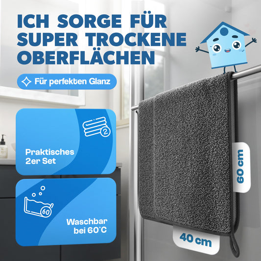 CARBOTEC® Microfiber Towels 2-Pack – Shower & Bathroom Drying Towel, streak-free Microfiber Towel for shower cabin, glass & fixtures – Car Drying Towel, Window Cleaning Cloth & Polishing Cloth, Fast Dry