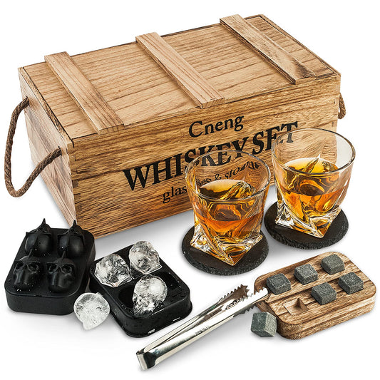 Cneng Whiskey Stones Gift Set with Glass, Whiskey Glasses Set, Personalized Whiskey Gift for Men, 2x 300ml Glasses, 6 Whiskey Stones, Whiskey Accessories with Wood Gift Box.