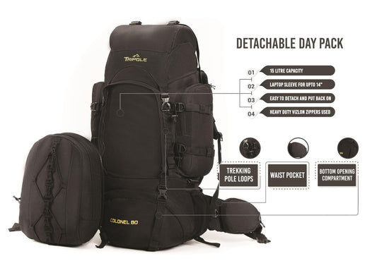 Tripole backpack Colonel 95 liters with detachable daypack - hiking, trekking, traveling, camping, waterproof, with breathable back panel, black.