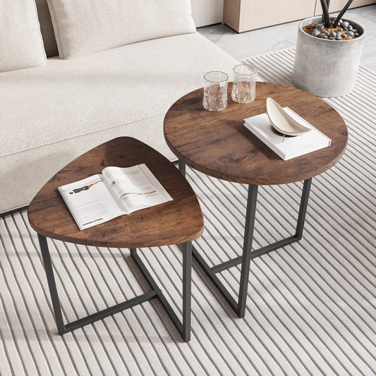 Round coffee table set of 2, side table set, sofa table, coffee table, metal base and heart-shaped wooden tabletop, industrial design, living room table, modern, black + brown.