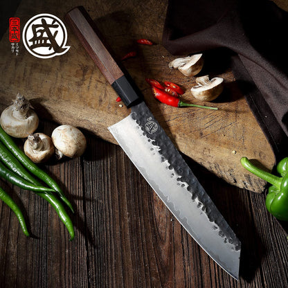 MITSUMOTO SAKARI 23 cm Japanese chef's knife, Kiritsuke kitchen knife Professional steel with high carbon content, Hand-forged meat knife (Rosewood handle & Boutique wooden box)