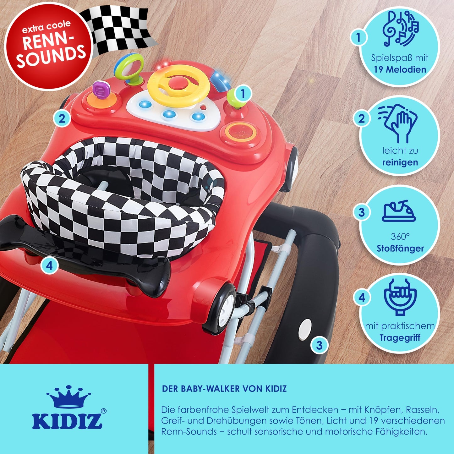 KIDIZ® 4in1 Baby Walker Activity Center - Adjustable Height, Swing Function, Wheels, Lights, Music, Toy Tray, Feeding Tray - Foldable, Suitable for Babies 6 Months and Older.