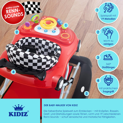 KIDIZ® 4in1 Baby Walker Activity Center - Adjustable Height, Swing Function, Wheels, Lights, Music, Toy Tray, Feeding Tray - Foldable, Suitable for Babies 6 Months and Older.