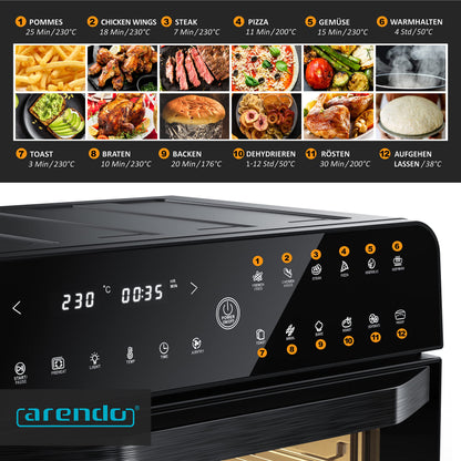 Arendo - Hot air fryer 25 liters stainless steel - Multifunction oven - mini oven - Aerofryer - 1800 watts - Including baking tray, dehydration tray, oven rack, fryer basket - BPA-free