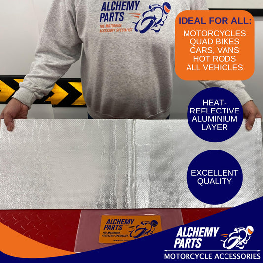 2 x self-adhesive heat shielding exhaust or engine aluminum reflective sheet 100cm x 33cm. Ideal for motorcycle fairings and cars.