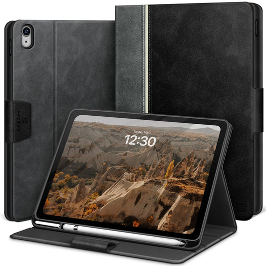 KingBlanc case for iPad (A16) 11th Generation 11 inch 2025, iPad 10th Generation 10.9 inch 2022 with pen holder, vegan leather protective cover, auto sleep/wake & adjustable stand, black