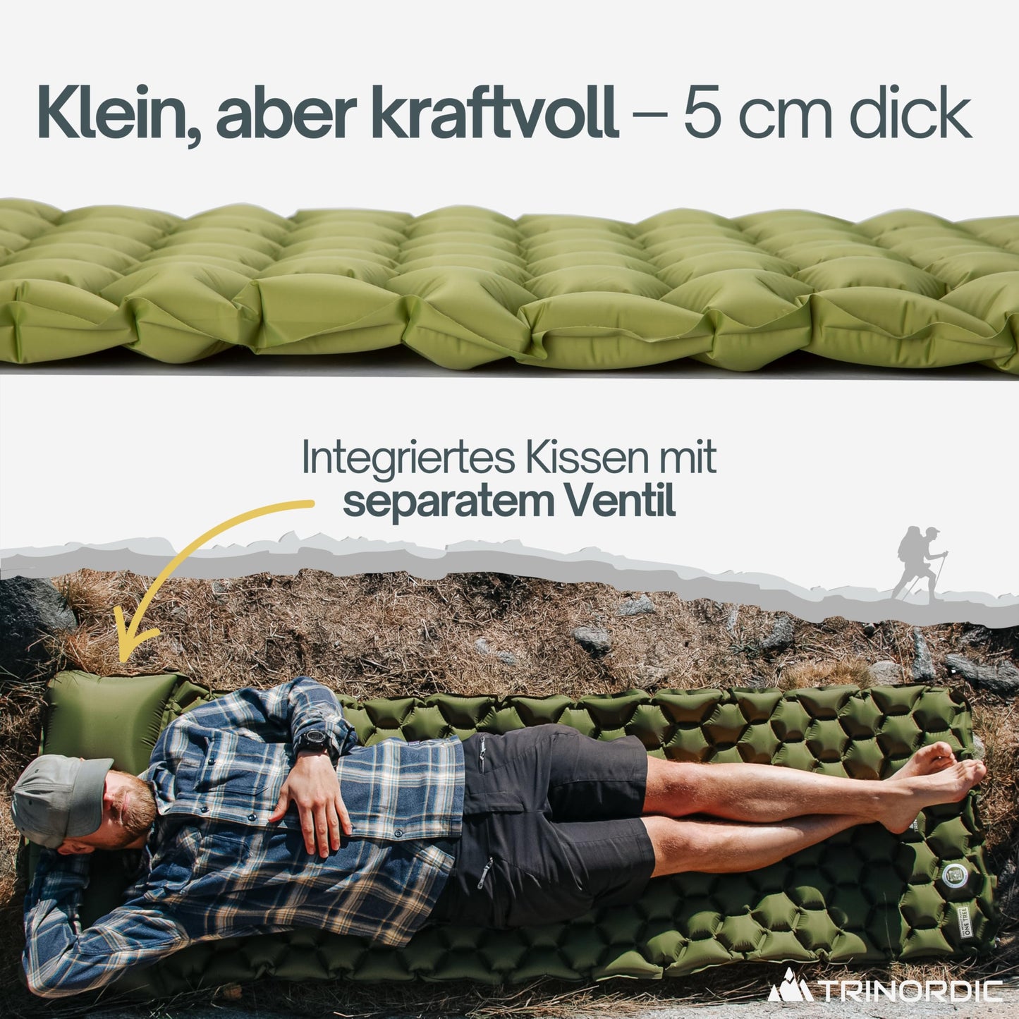 TRINORDIC 550g Ultralight Inflatable Sleeping Pad - With Inflatable Pillow - Camping Mattress with Small Pack Size for Outdoor, Camping, Hiking & Bikepacking