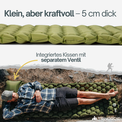 TRINORDIC 550g Ultralight Inflatable Sleeping Pad - With Inflatable Pillow - Camping Mattress with Small Pack Size for Outdoor, Camping, Hiking & Bikepacking