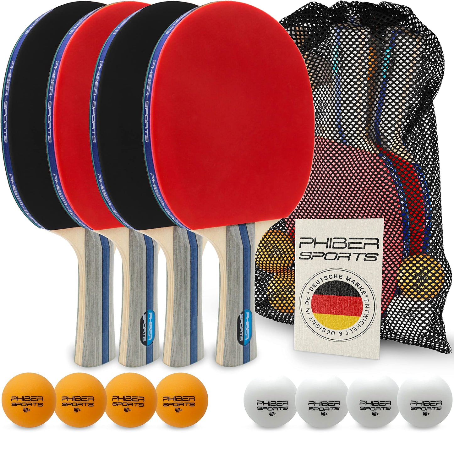 PHIBER-SPORTS Table Tennis Set with 4 paddles, 8 balls, and convenient carrying case. Suitable for indoor and outdoor use, perfect for beginners, families, and professionals.