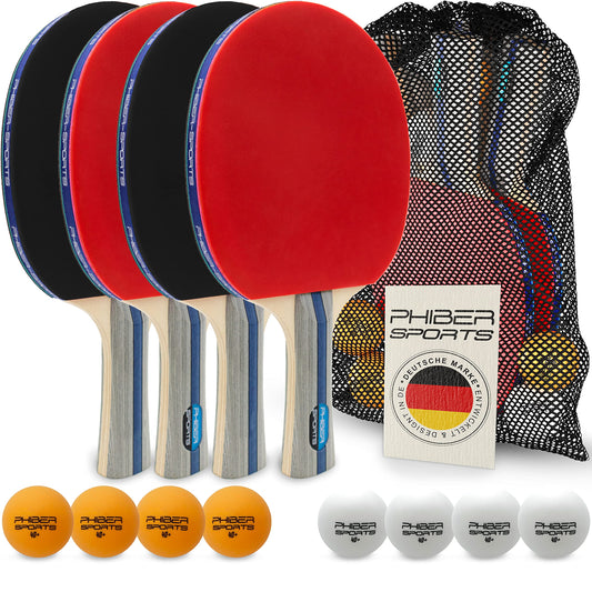 PHIBER-SPORTS Table Tennis Set with 4 paddles, 8 balls, and convenient carrying case. Suitable for indoor and outdoor use, perfect for beginners, families, and professionals.