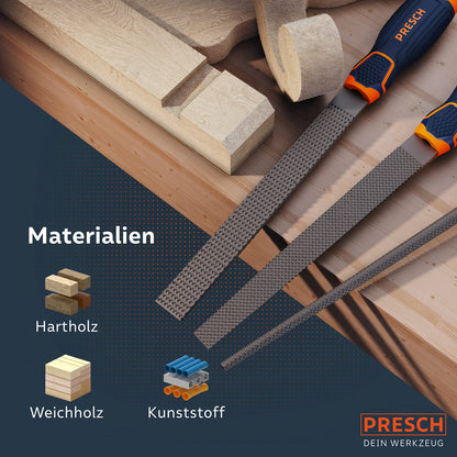 3-piece Wood Rasp Set incl. carrying case - High-quality wood file set incl. flat, half-round, and round rasps - Professional grade 2 file set with 200mm length for wood.