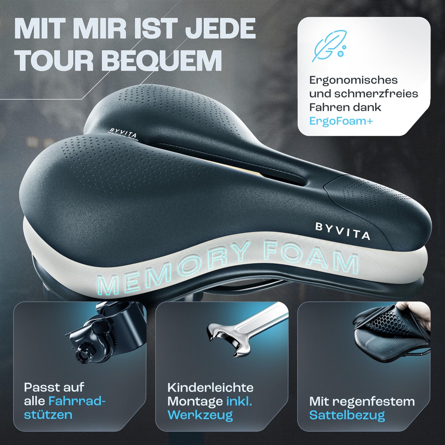 BYVITA bike saddle - with ErgoFoam+ for maximum riding comfort. Ergonomic bike saddle for men & women. Comfortable for both men and women (City).