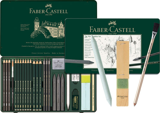 Faber-Castell - Pitt Graphite Set in metal case, large, 26 + 3 pieces (includes eraser pencil with brush, paper smudger, and lead sharpener block)
