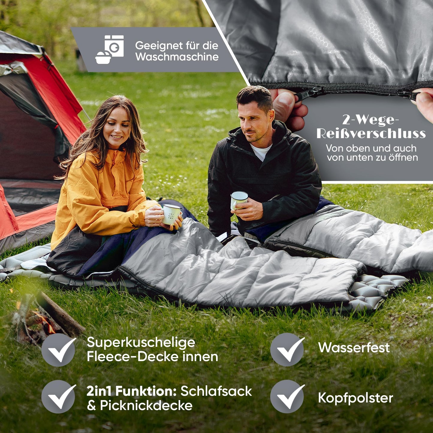 SkinWalker sleeping bag [Small size up to 1.65m height] 3-4 seasons with detachable polar fleece + pillow [-18°C to +15°C] Winter + Summer mummy sleeping bag for camping youth (blue-gray)