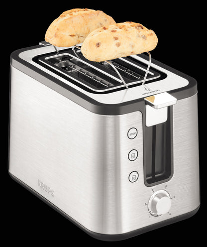 Krups KH442D Control Line Premium Toaster, stainless steel, 2 short slots for 2 slices, bun warmer, 6 browning levels, 850 W, 23.6 x 32.4 x 20.2 cm, silver/black.