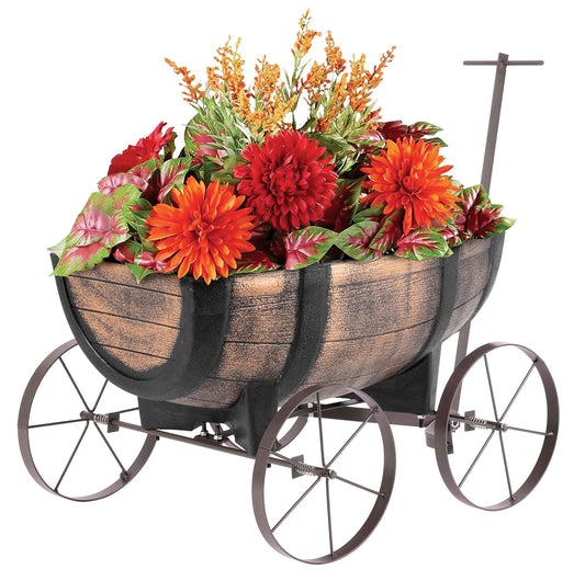 STREND PRO Floral Cart Whiskey Barrel - Plant cart on wheels, garden decoration flower pot barrel - realistic wooden look flower pot - flower pot plant wheelbarrow - wooden handcart, wooden wagon