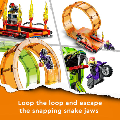 LEGO 60339 City Stuntz Stunt Show Double Loop Set, includes ramp, monster truck, 2 motorcycles, and 7 minifigures. Toy for kids ages 7 and up.