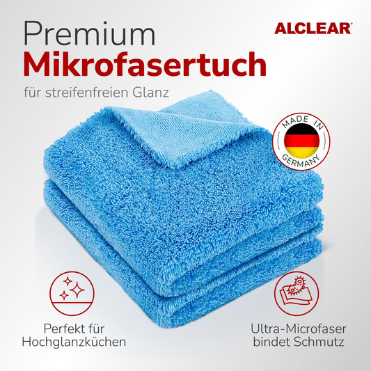 ALCLEAR 820203K_3 microfiber cloths 3-pack 40x40 cm - for high gloss kitchen, furniture fronts, varnish, plastic, glass, lint-free, streak-free, ultrasonically cut, can be used damp, washable 60° C