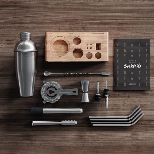 Cocktail shaker set with stand & recipe book: Premium stainless steel bar cocktail set cocktail shaker jigger straws bar spoon muddler | Bartender bar set cocktail accessories gift women men
