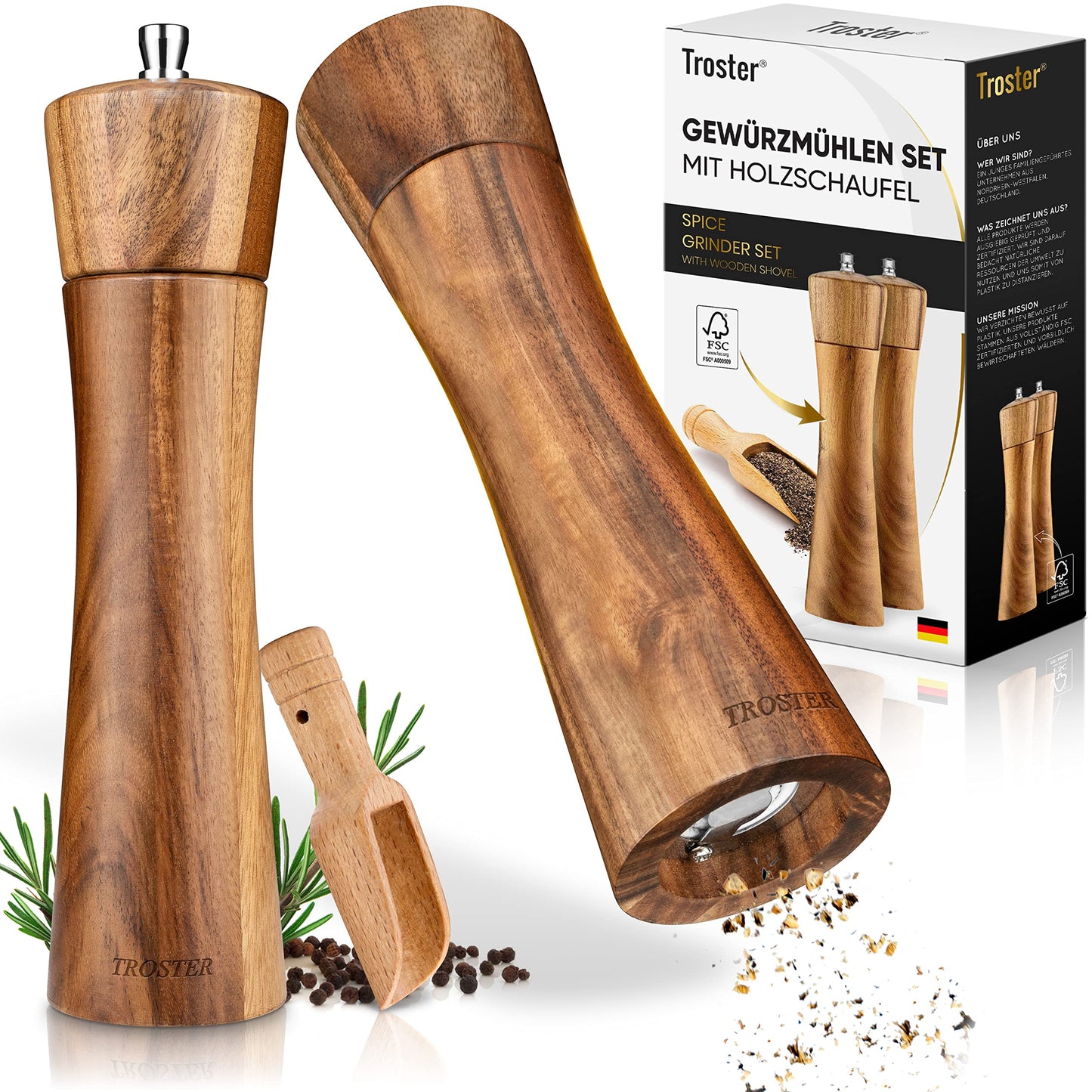 Troster® Spice Mill Set Wood - 3 piece set - Salt and Pepper Mill, Spice Shovel - Ceramic Grinding Mechanism - Large Wood Salt Mill - Large Wood Pepper Mill - Wood Salt and Pepper Mill Gift