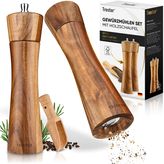 Troster® Spice Mill Set Wood - 3 piece set - Salt and Pepper Mill, Spice Shovel - Ceramic Grinding Mechanism - Large Wood Salt Mill - Large Wood Pepper Mill - Wood Salt and Pepper Mill Gift