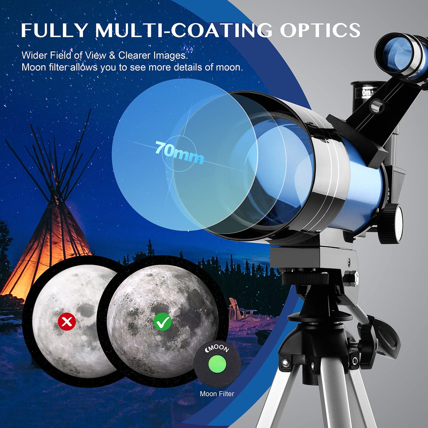 Aomekie Telescope for Kids Beginners 70MM Astronomy Telescope with Smartphone Adapter Aluminum Tripod Barlow and Erecting Eyepiece