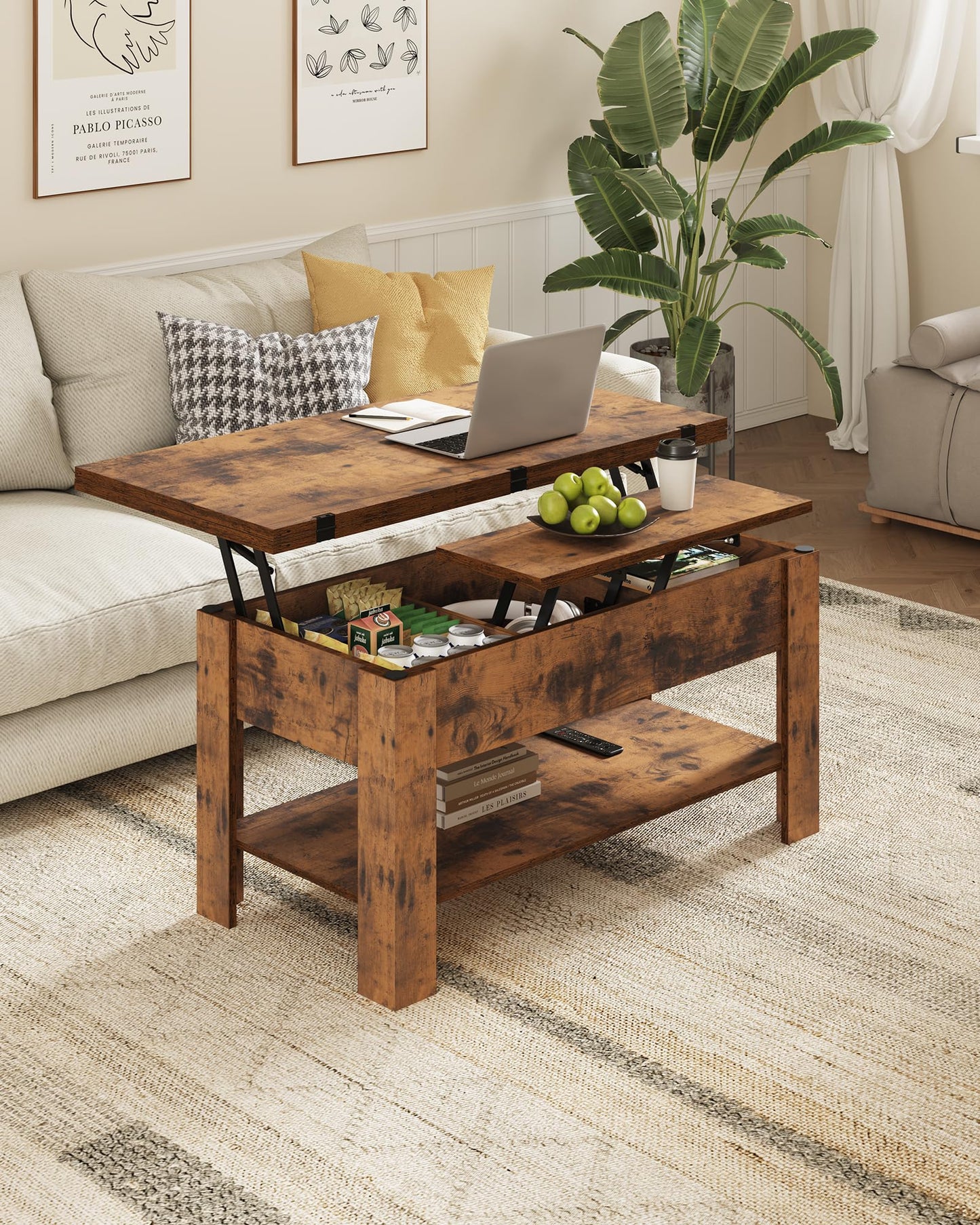 Height-adjustable coffee table, 3-in-1 multifunctional living room table with hidden storage, open shelf, and can be used as a dining table. Perfect for living room, office, in brown color.