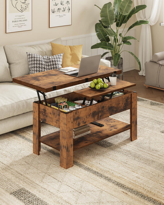 Height-adjustable coffee table, 3-in-1 multifunctional living room table with hidden storage, open shelf, and can be used as a dining table. Perfect for living room, office, in brown color.
