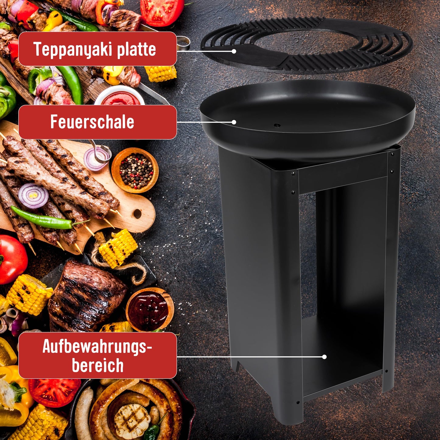 BBQ Collection 3-in-1 fire pit with grill grate - fire basket 61 x 90 cm - outdoor kitchen with Teppanyaki and BBQ grill plate - Plancha BBQ with wood storage - garden fireplace for outdoor use - metal.