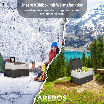 Arebos compressor cooler box with wheels 27 liters | Electric freezer box with APP & smart control | Mobile cooler with USB connection | up to -20 °C | 12/24 V 230V | for car, truck, camping, boat, motorhome