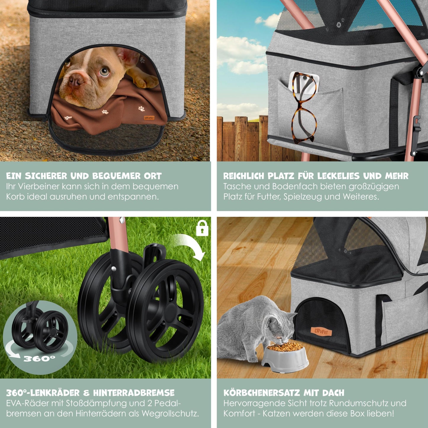 LOVPET® Dog Stroller 2in1 Dog Cart Dog Crate, Transport Bag Foldable and collapsible up to 20kg Pets Buggy with Mesh Windows, Cup Holder, Rain Cover Jogger Buggy for Pets