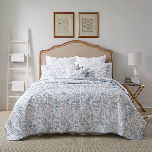 Laura Ashley - King size bedding set, cotton, reversible, with bonus pillowcase, all-season country home decoration (Amberley Blue, King)