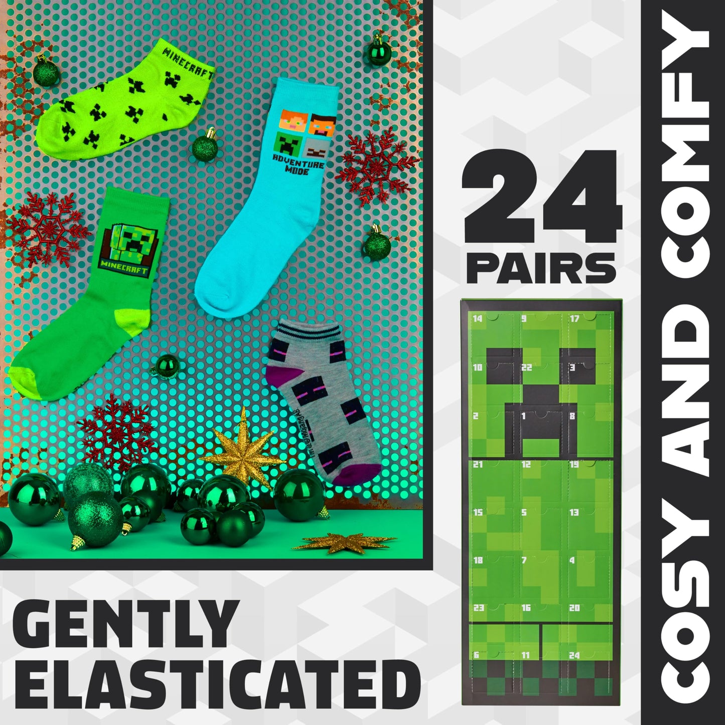 Minecraft Advent Calendar 2025 Children Teenagers Christmas Countdown Calendar Socks with 24 Cool Creeper Socks Gifts for Kids