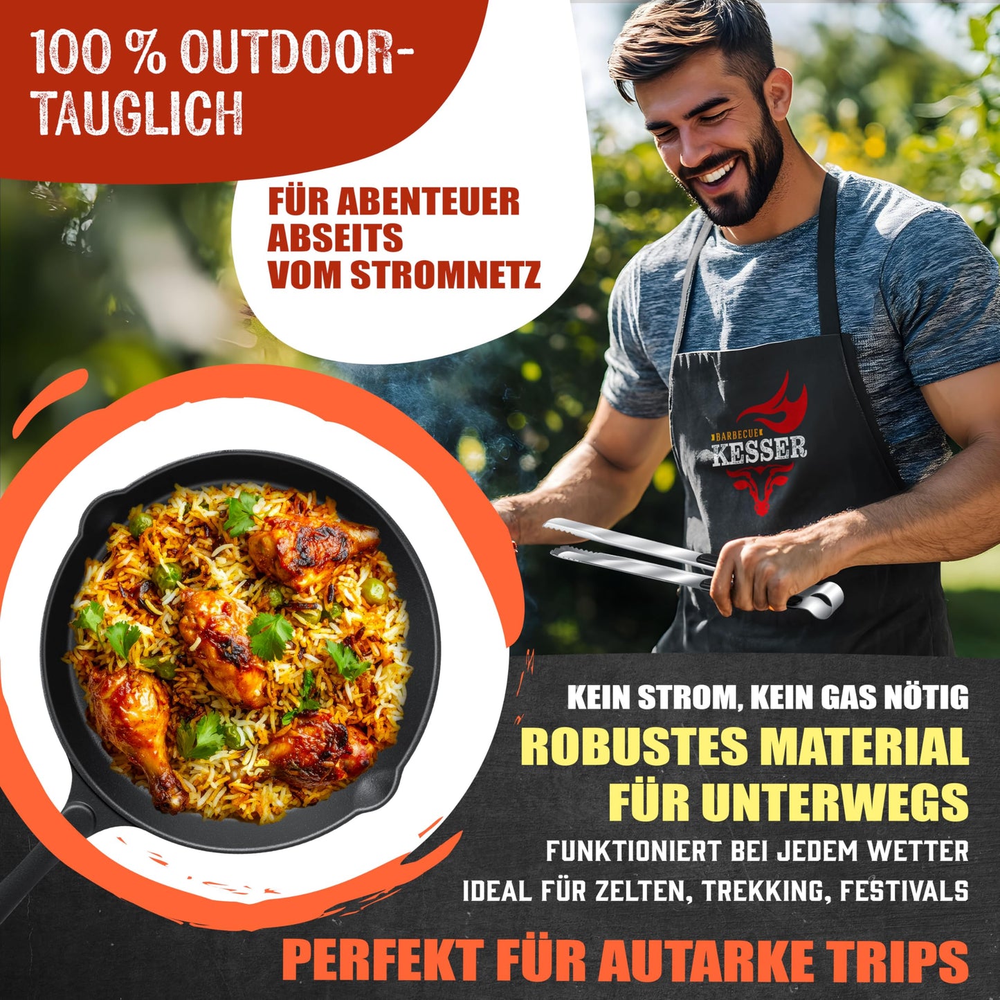 KESSER® Rocket stove incl. cast iron grill pan, griddle, grill tongs & carrying bag | Dutch Oven BBQ Rocket wood stove camping | Outdoor camping stove camping grill stainless steel silver