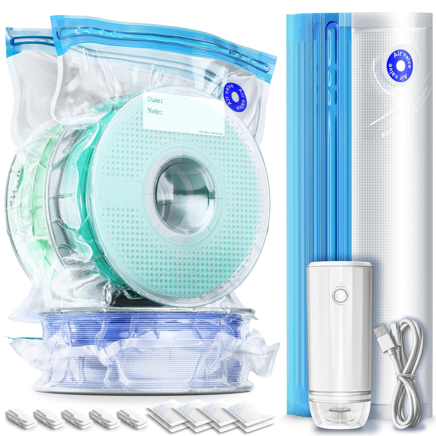 Filament Vacuum Bag Kit with Automatic Pump, 20 Filament Storage Bags 34*30 cm for 1.75mm 3D Printer Filament