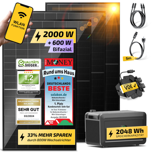 Solakon® Balcony Power Plant 2000W with storage - Balcony power plant 2000 watts complete with outlet & 800W inverter - Solar system complete set - 4x500W PV modules & 2kWh storage for balcony power plant.