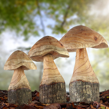 ART-CRAFT Natural wooden mushroom decoration set with 3 hand-carved mushrooms 35-30-25 cm tall - For balcony, terrace, garden.