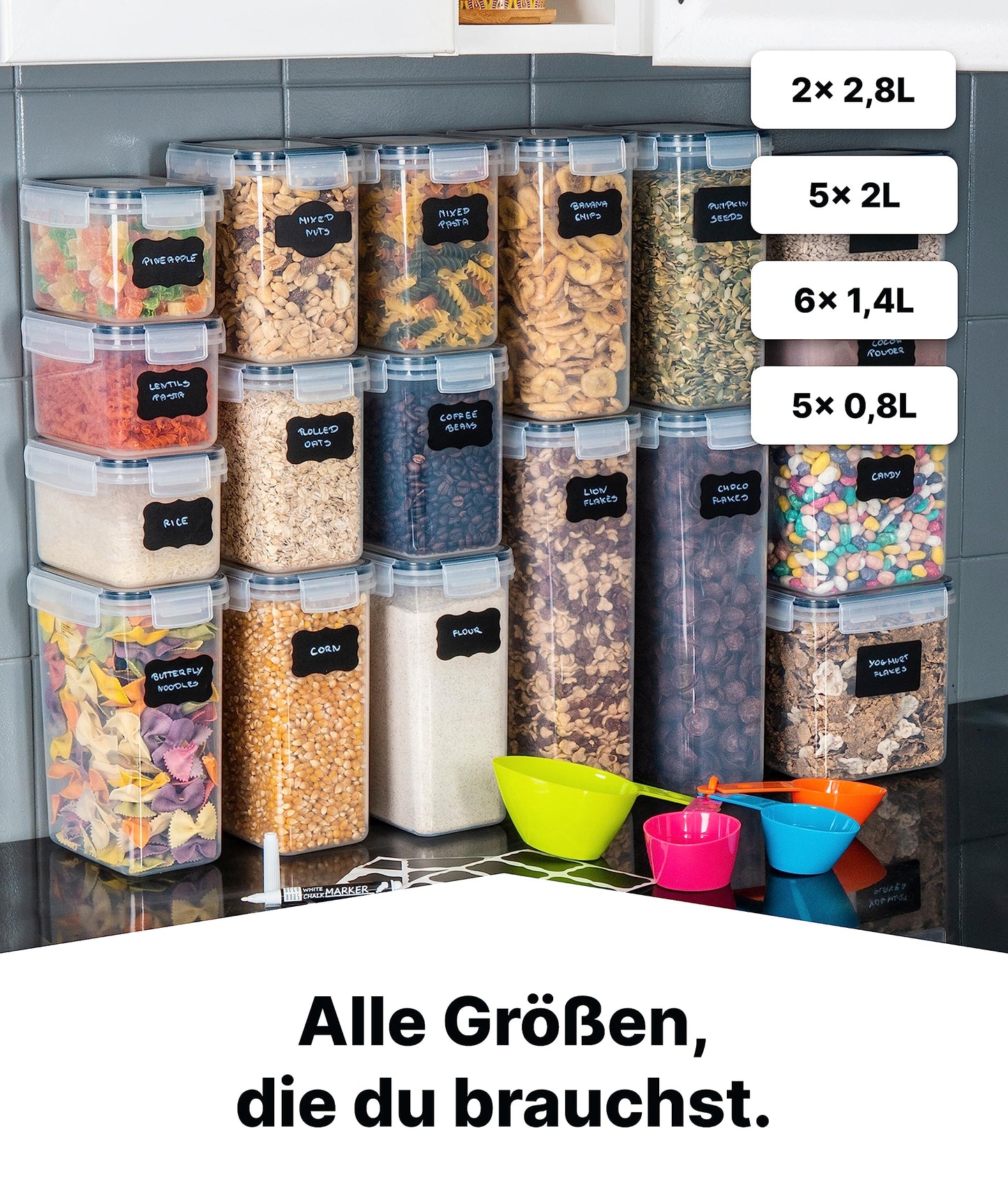 Deco House® Storage Containers with Lids 18 Set - Kitchen Food Storage Box Airtight Containers - Plastic Storage Containers with Lids - Storage Jars for Pasta, Cereal, Flour