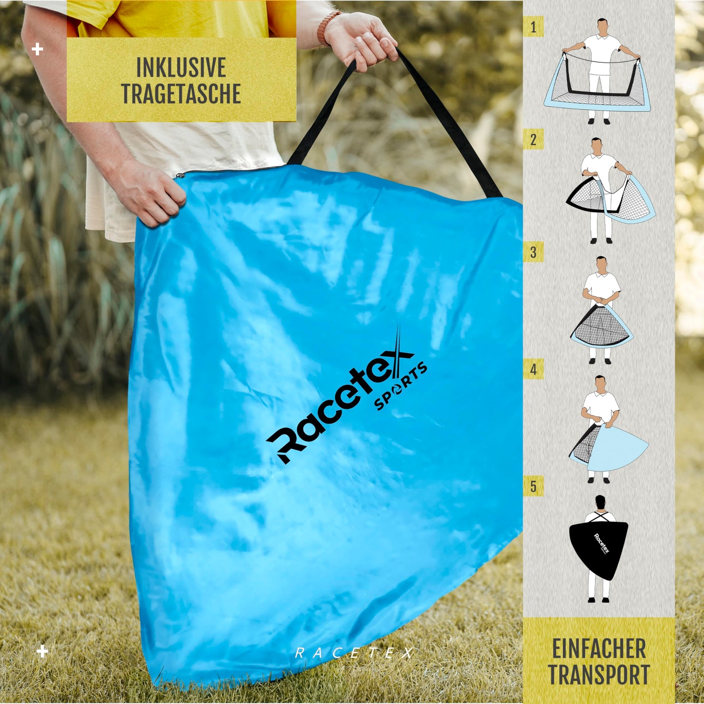 Racetex 2-piece soccer goal set for kids - soccer goals including handy carrying bag - version with reinforced fiberglass poles - soccer goals for the garden or park.